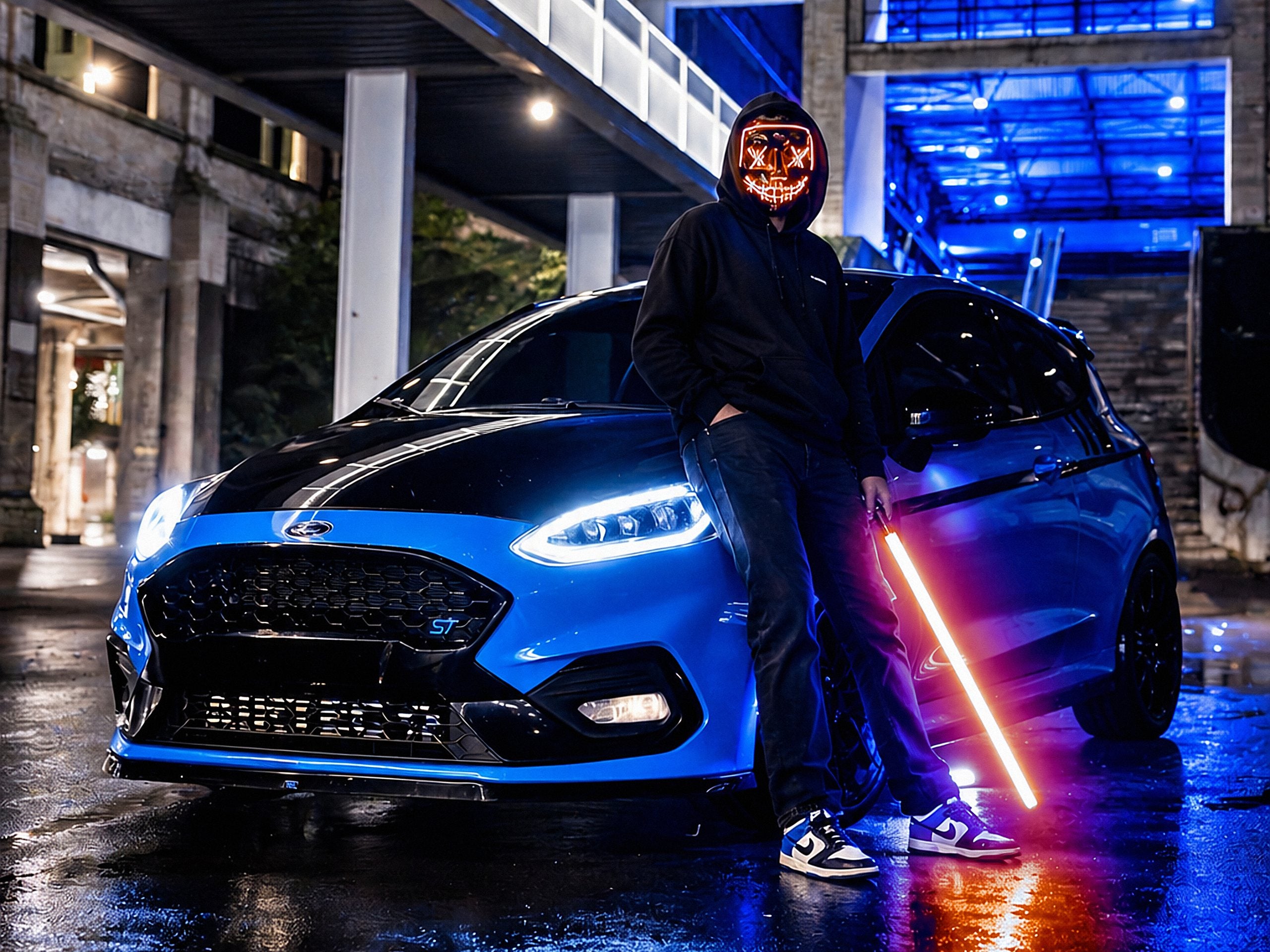 Ford Fiesta ST di notte con copritarga personalizzato bcustom